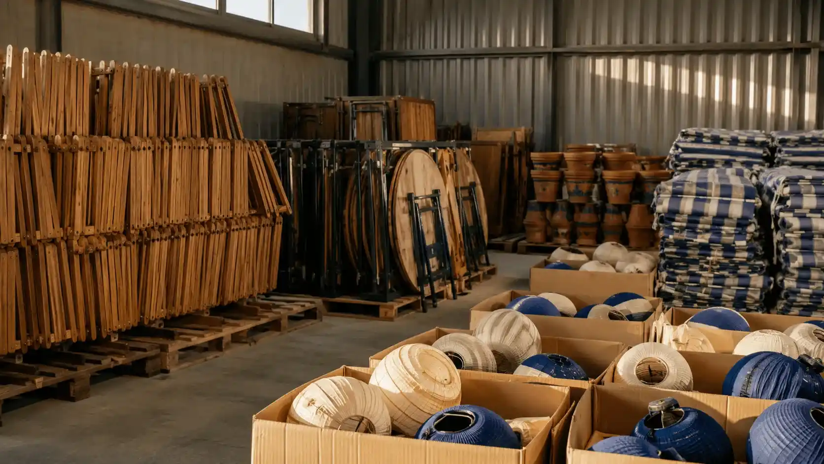 Enseres de una caseta de Feria guardados en una nave de almacenaje ventilada: sillas plegadas sobre palets, faroles en cajas y lonas de rayas dobladas