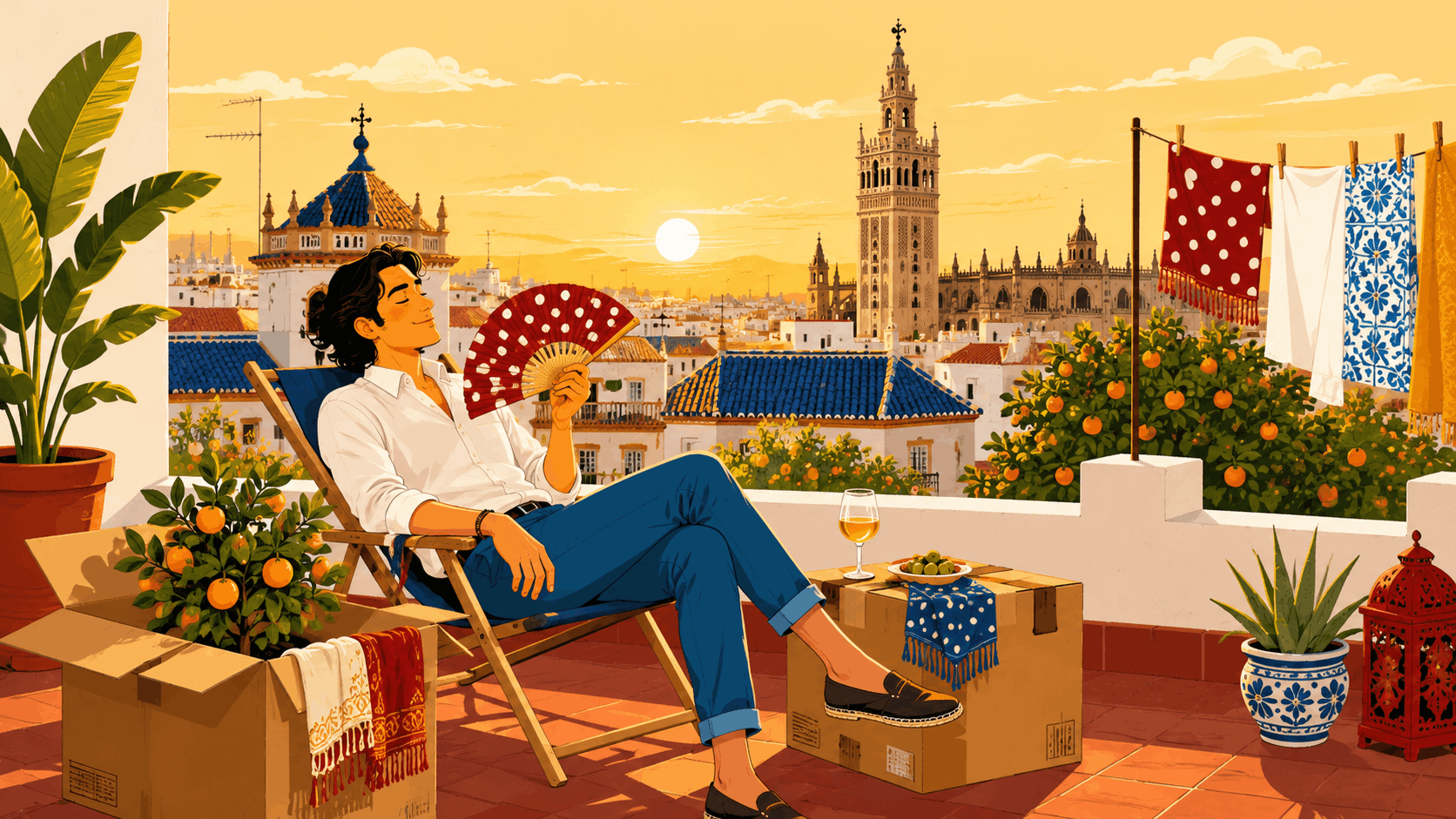 Ilustración de una azotea de Sevilla con naranjos, azulejos y la Giralda al fondo y cajas de mudanza recién llegadas: vivir en Sevilla con arte.