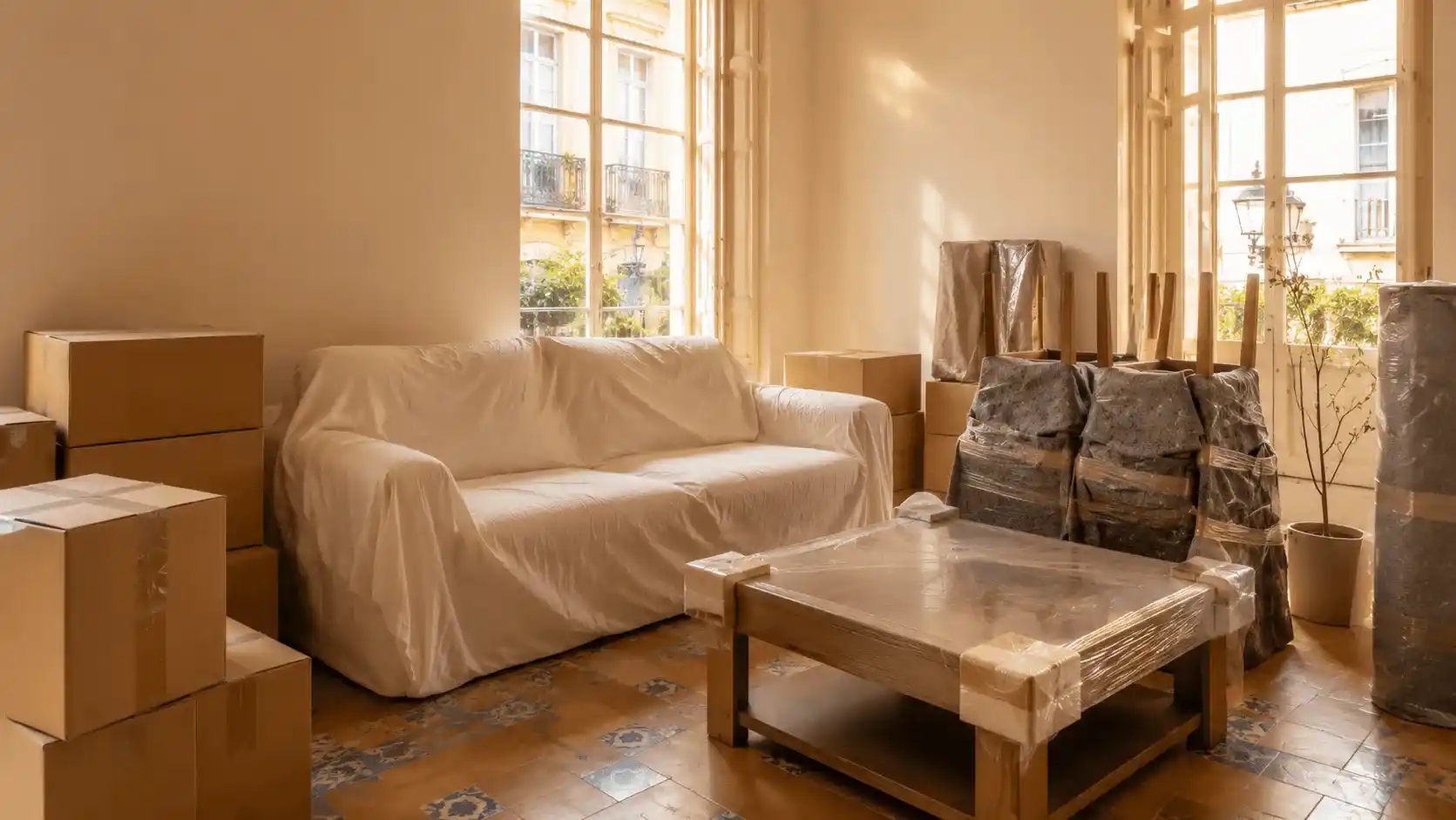 Mobiliario de un piso turístico de Sevilla embalado con fundas, mantas y cajas etiquetadas, listo para guardar en custodia
