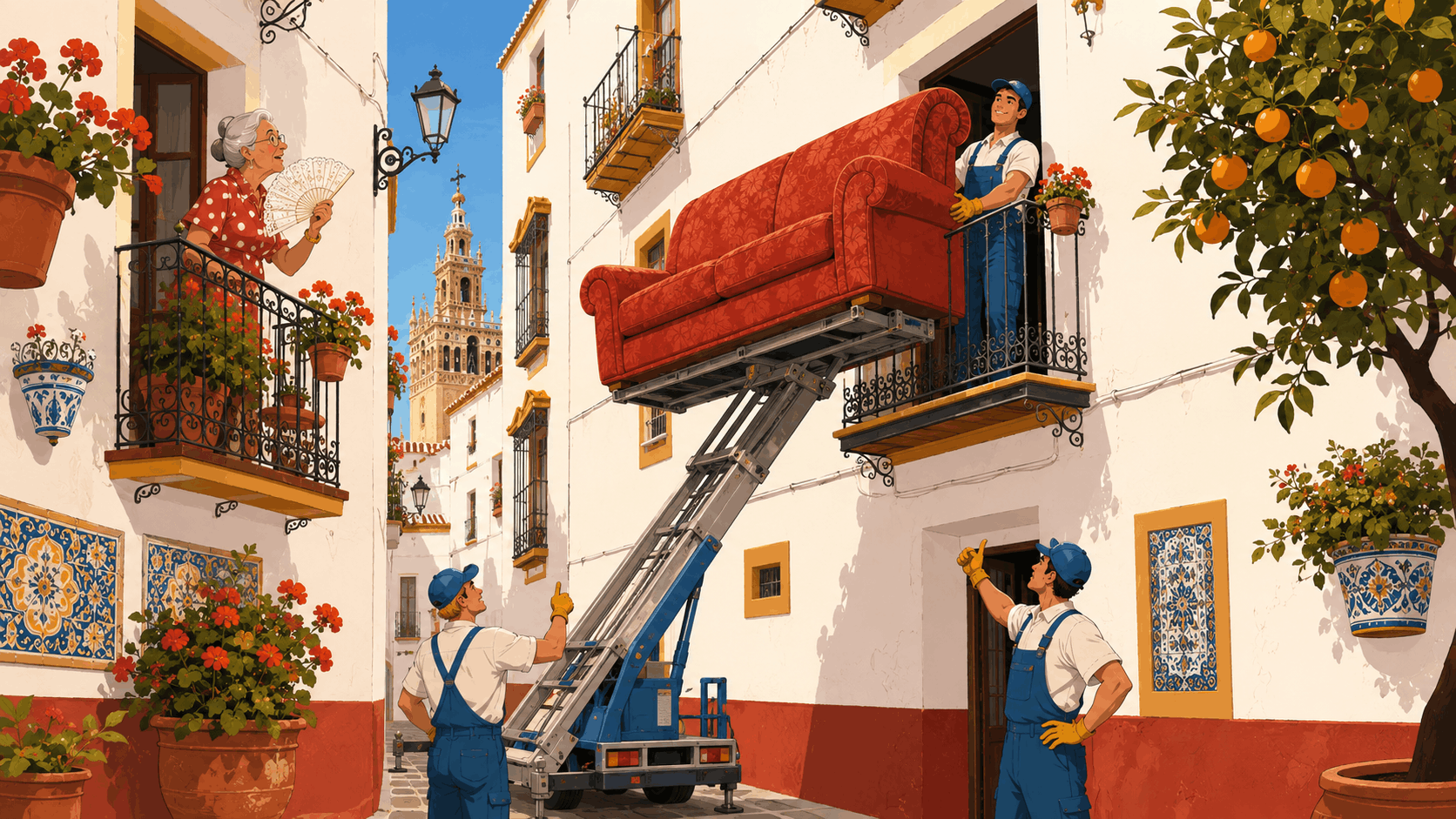 Operarios de mudanzas subiendo un sofá con plataforma elevadora por un balcón en un callejón del casco antiguo de Sevilla, con todo bajo control.