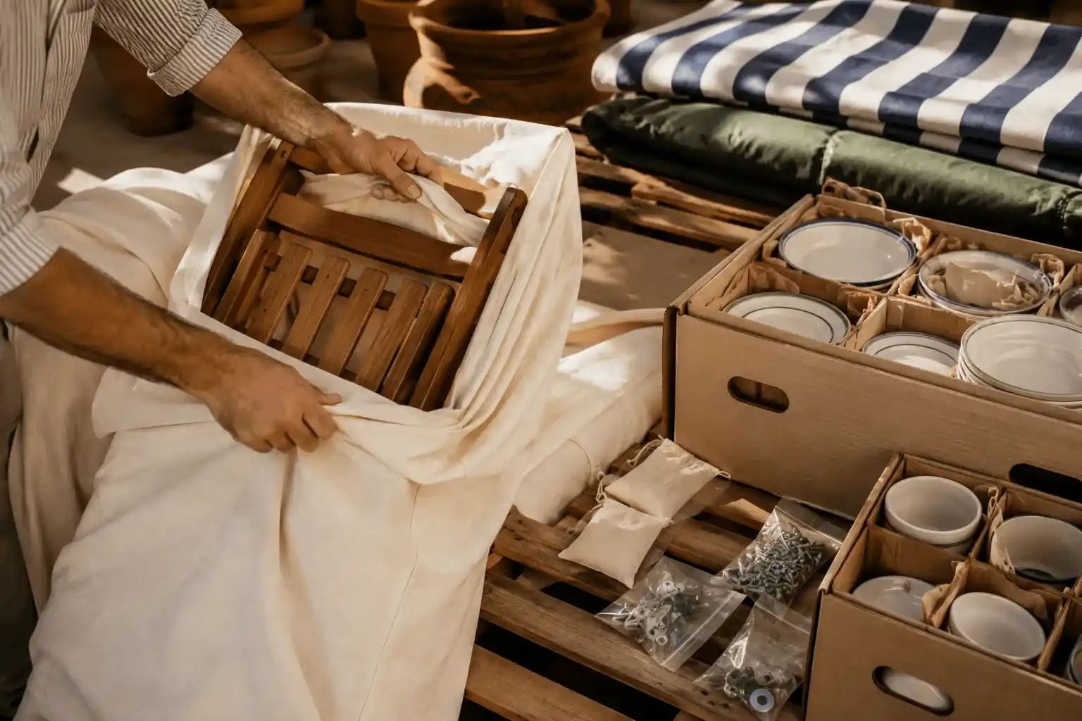 Preparación del mobiliario de la caseta para almacenar: silla de madera envuelta en funda de algodón transpirable y cajas de vajilla con separadores sobre un palet