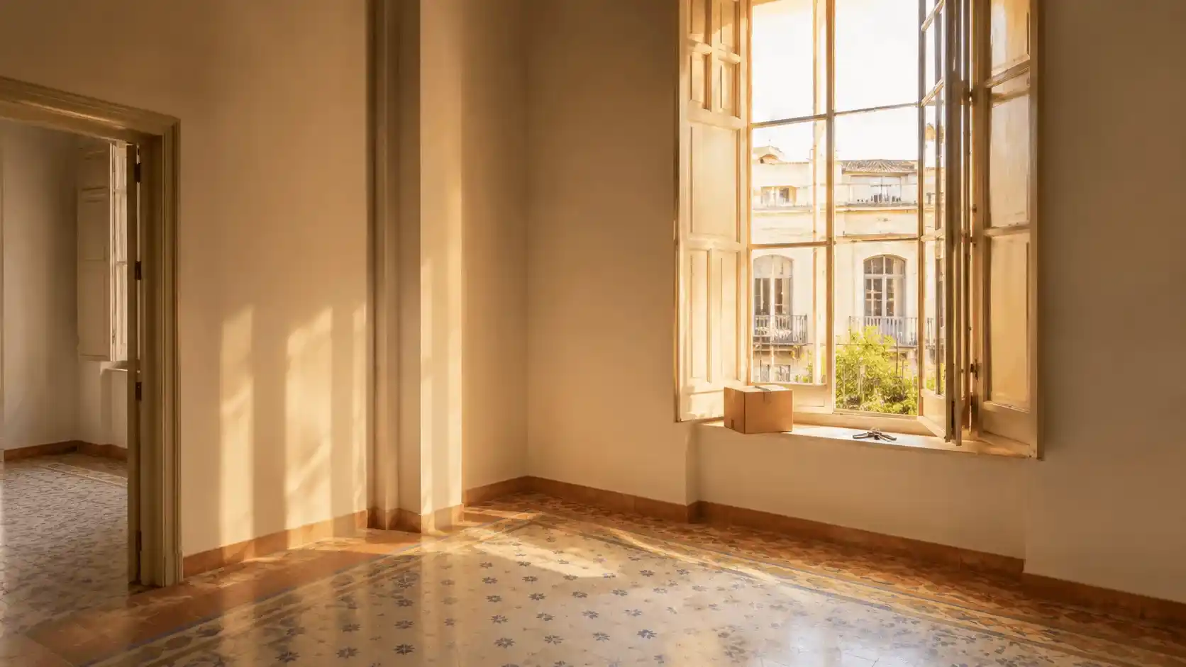 Salón de un piso del centro de Sevilla recién vaciado de muebles, con contraventanas de madera y luz dorada de tarde, listo para alquilar sin amueblar