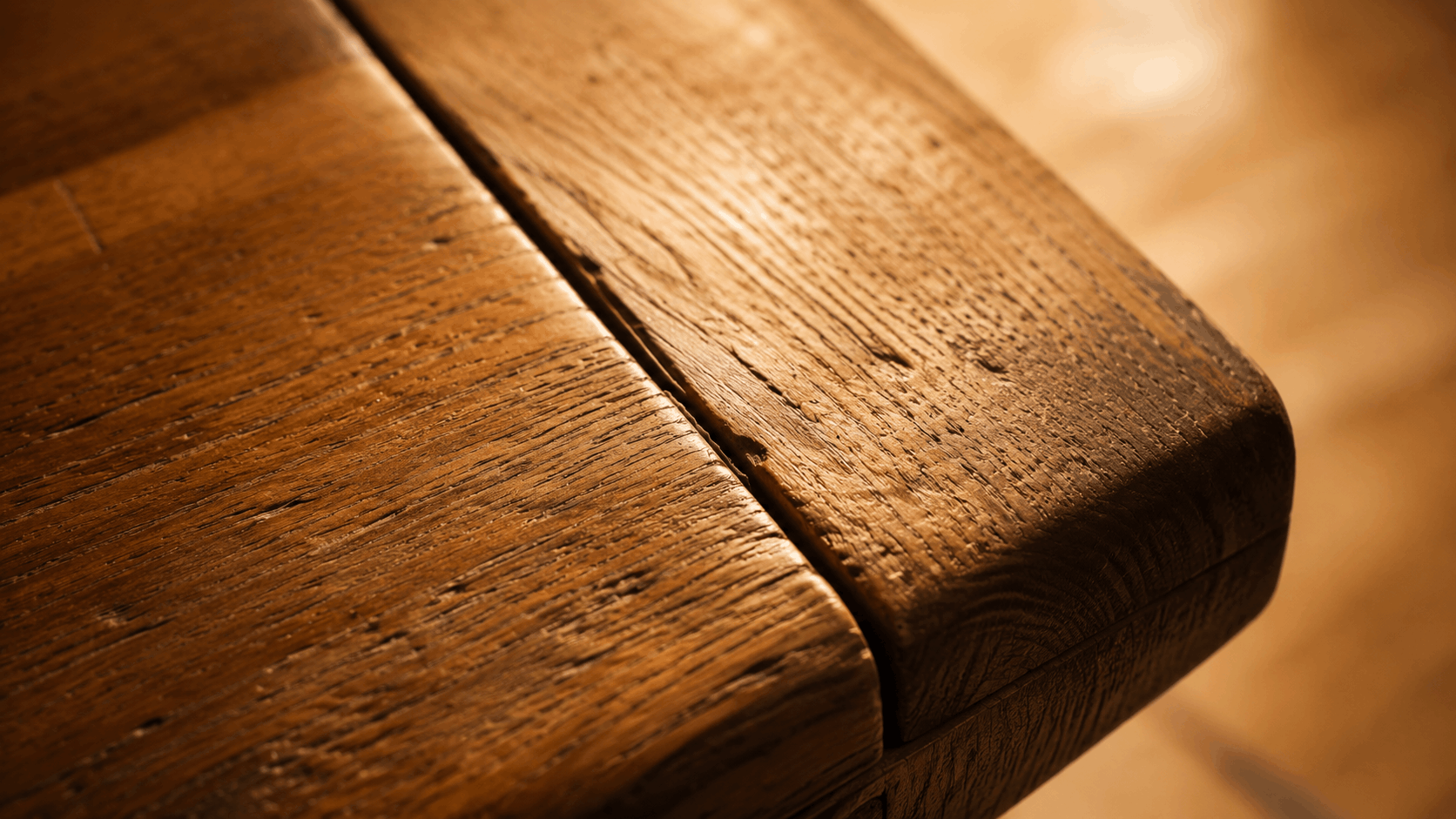 Junta de una mesa de madera maciza abierta por el calor seco en un almacén